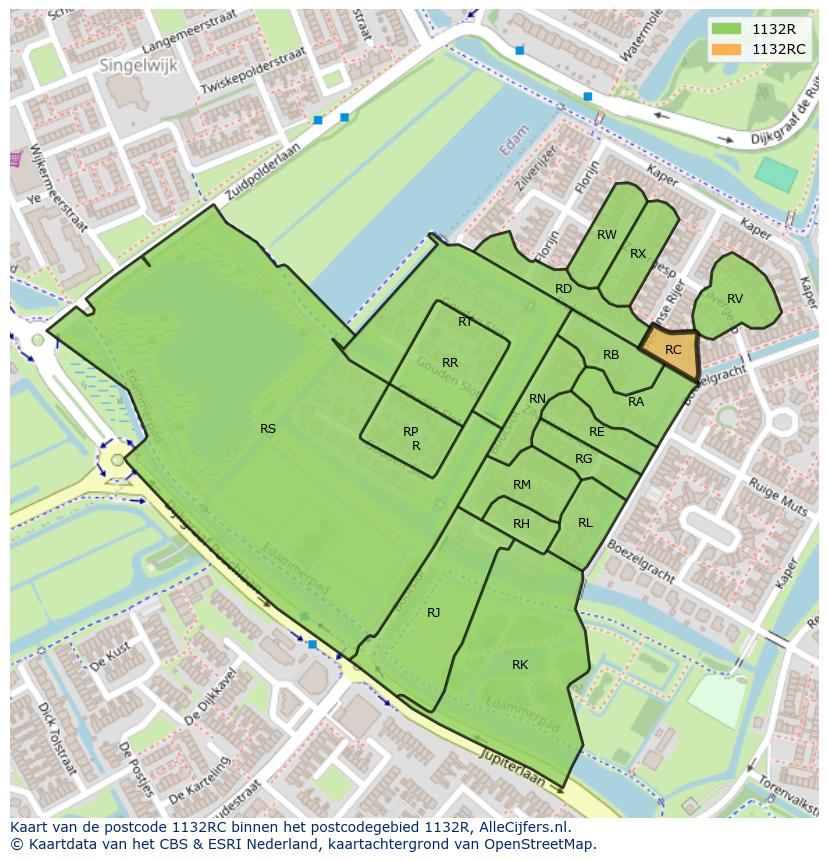 Afbeelding van het postcodegebied 1132 RC op de kaart.