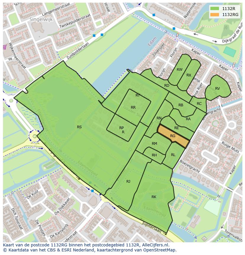 Afbeelding van het postcodegebied 1132 RG op de kaart.
