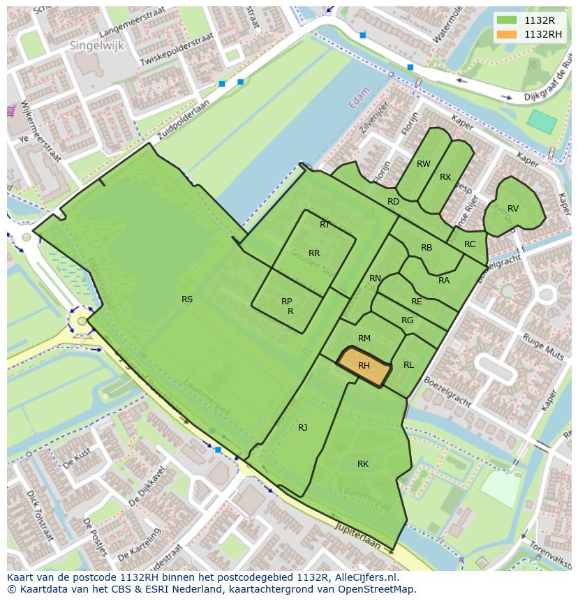 Afbeelding van het postcodegebied 1132 RH op de kaart.