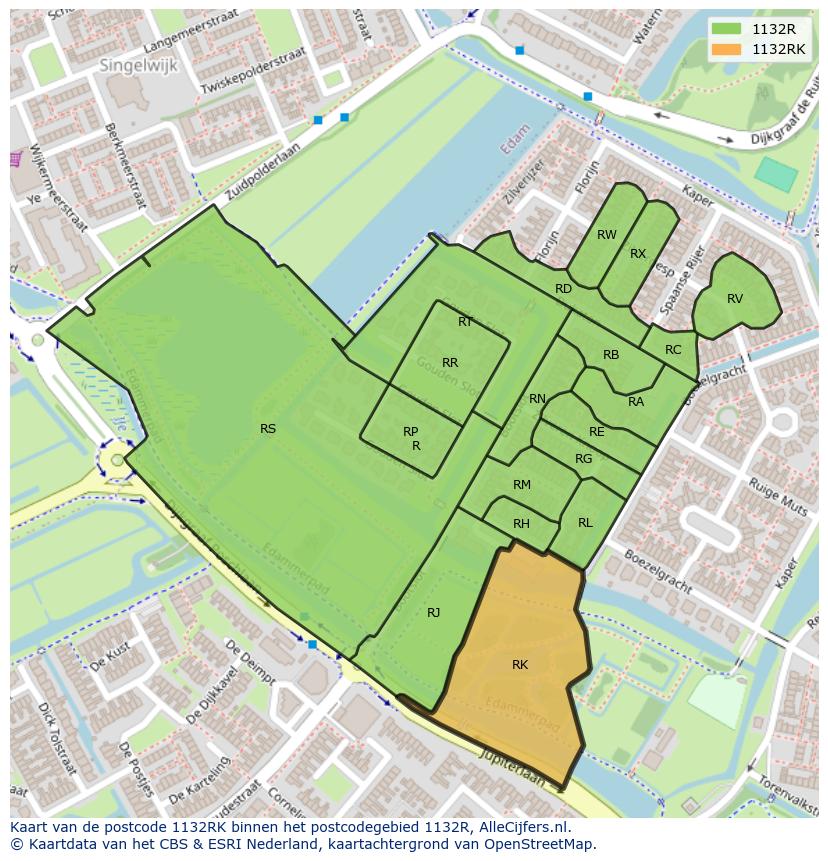 Afbeelding van het postcodegebied 1132 RK op de kaart.