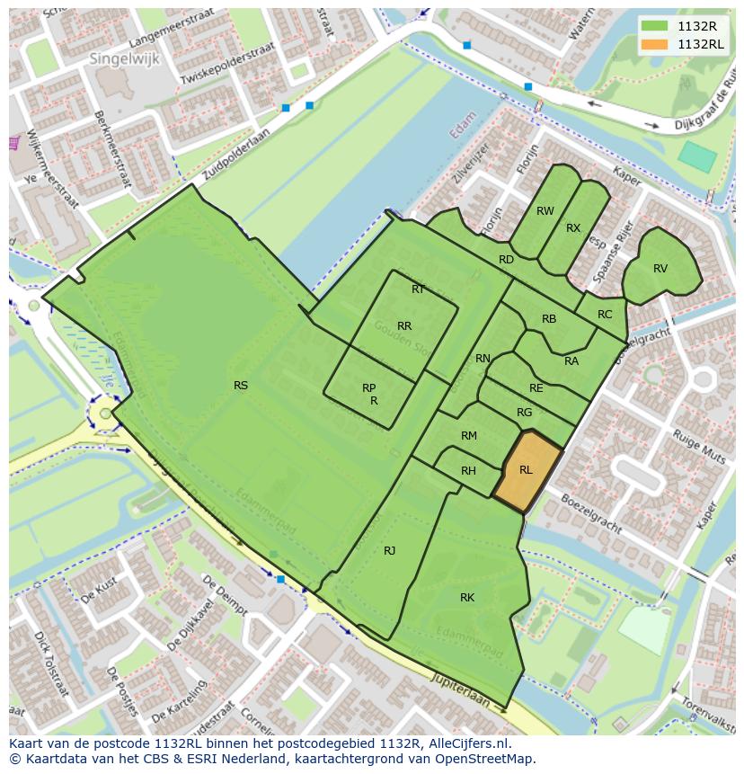 Afbeelding van het postcodegebied 1132 RL op de kaart.