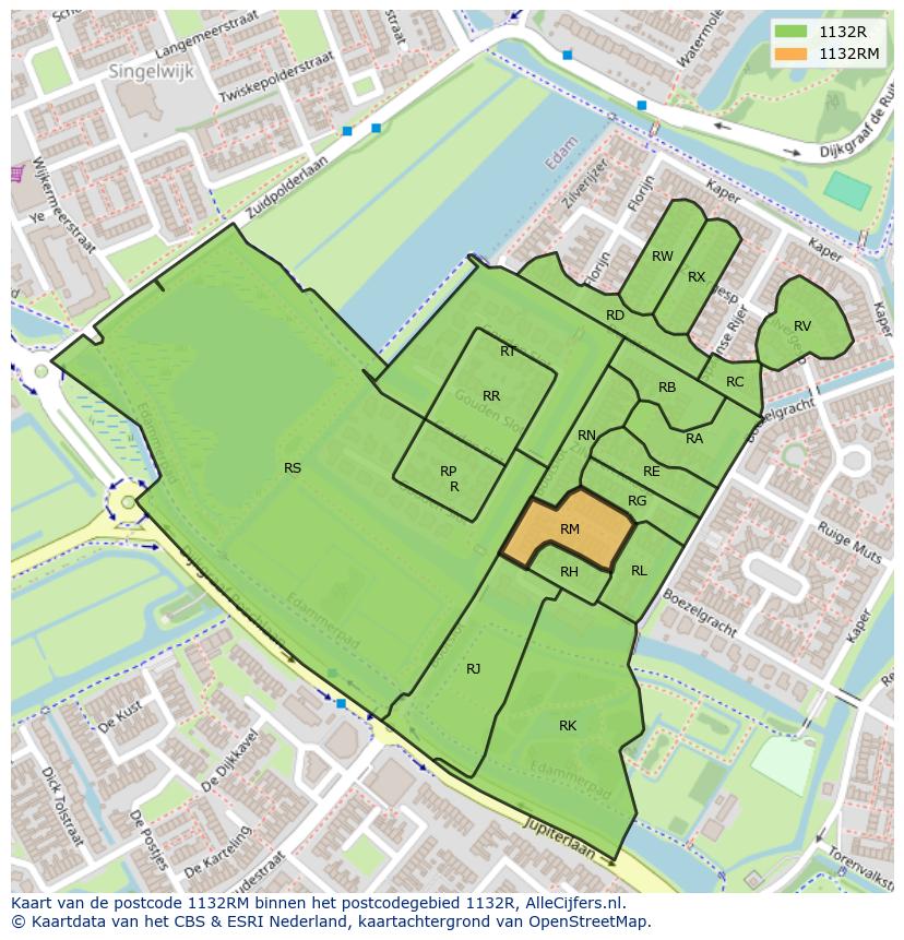 Afbeelding van het postcodegebied 1132 RM op de kaart.