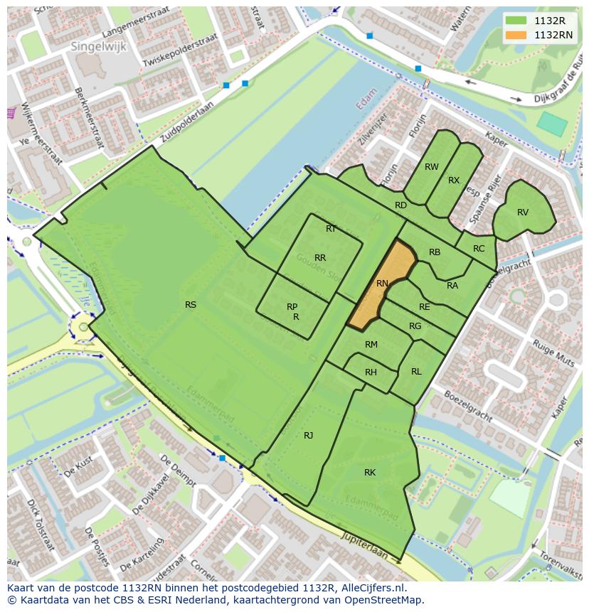 Afbeelding van het postcodegebied 1132 RN op de kaart.