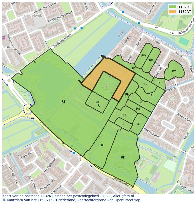 Afbeelding van het postcodegebied 1132 RT op de kaart.