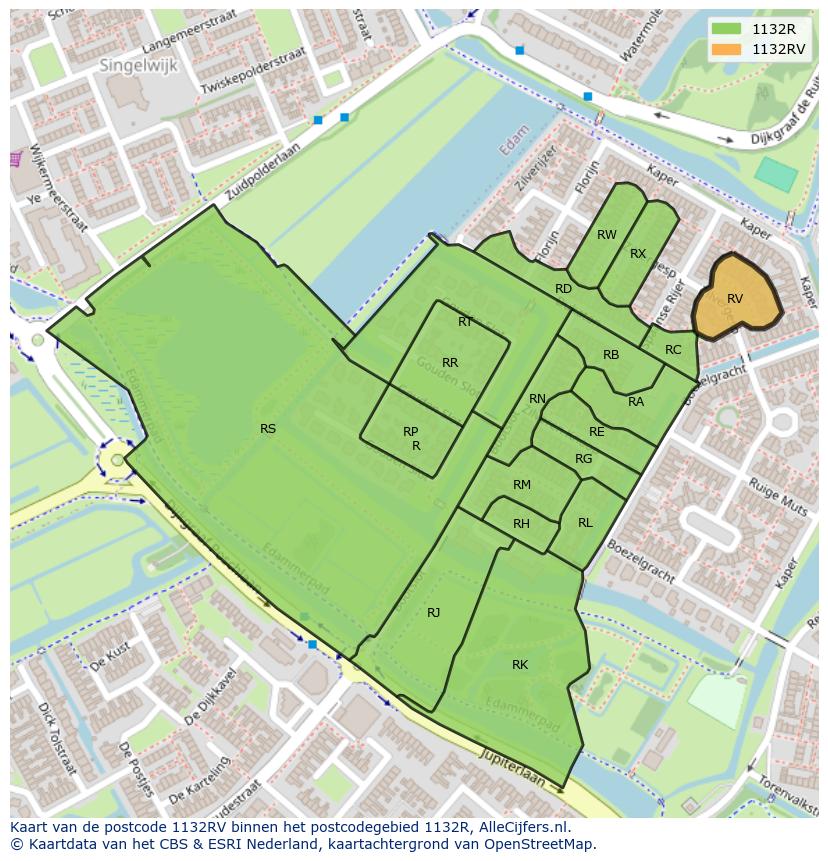Afbeelding van het postcodegebied 1132 RV op de kaart.