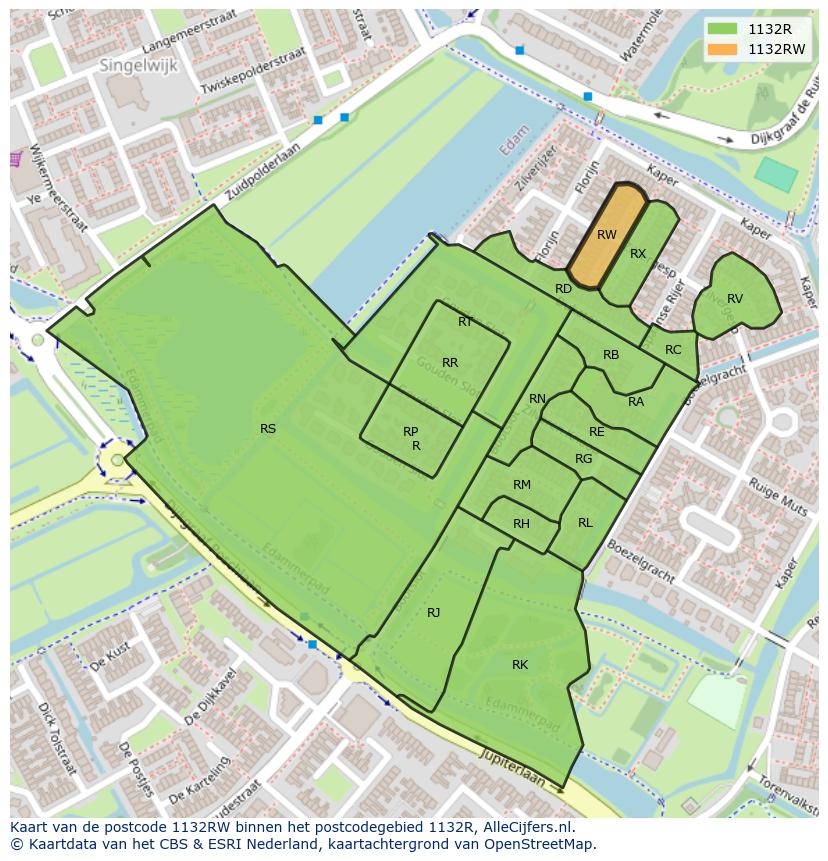 Afbeelding van het postcodegebied 1132 RW op de kaart.