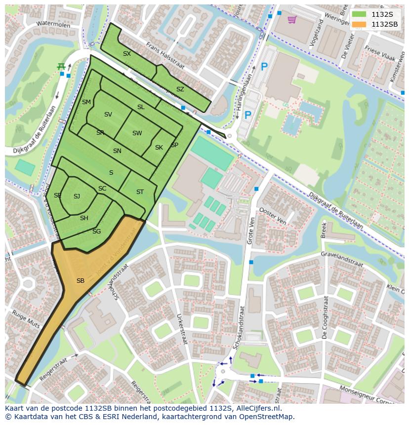 Afbeelding van het postcodegebied 1132 SB op de kaart.