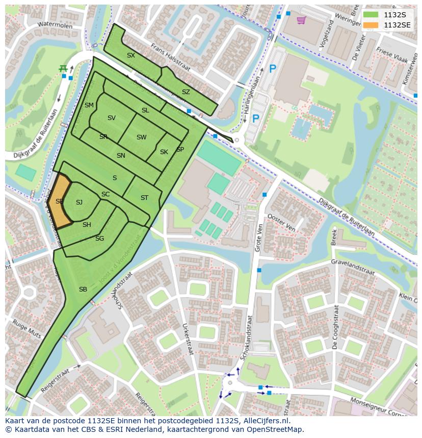 Afbeelding van het postcodegebied 1132 SE op de kaart.