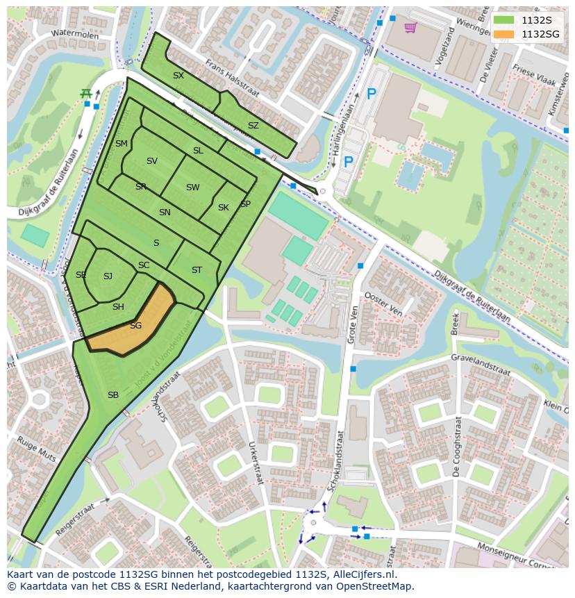Afbeelding van het postcodegebied 1132 SG op de kaart.