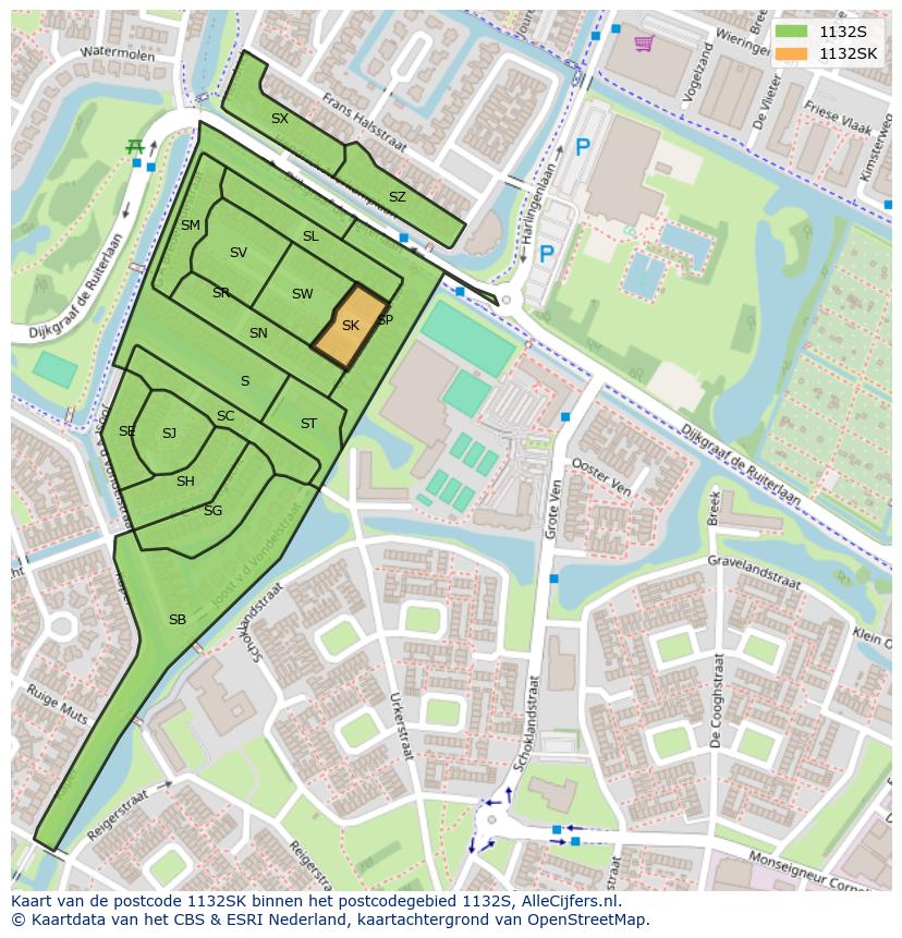 Afbeelding van het postcodegebied 1132 SK op de kaart.