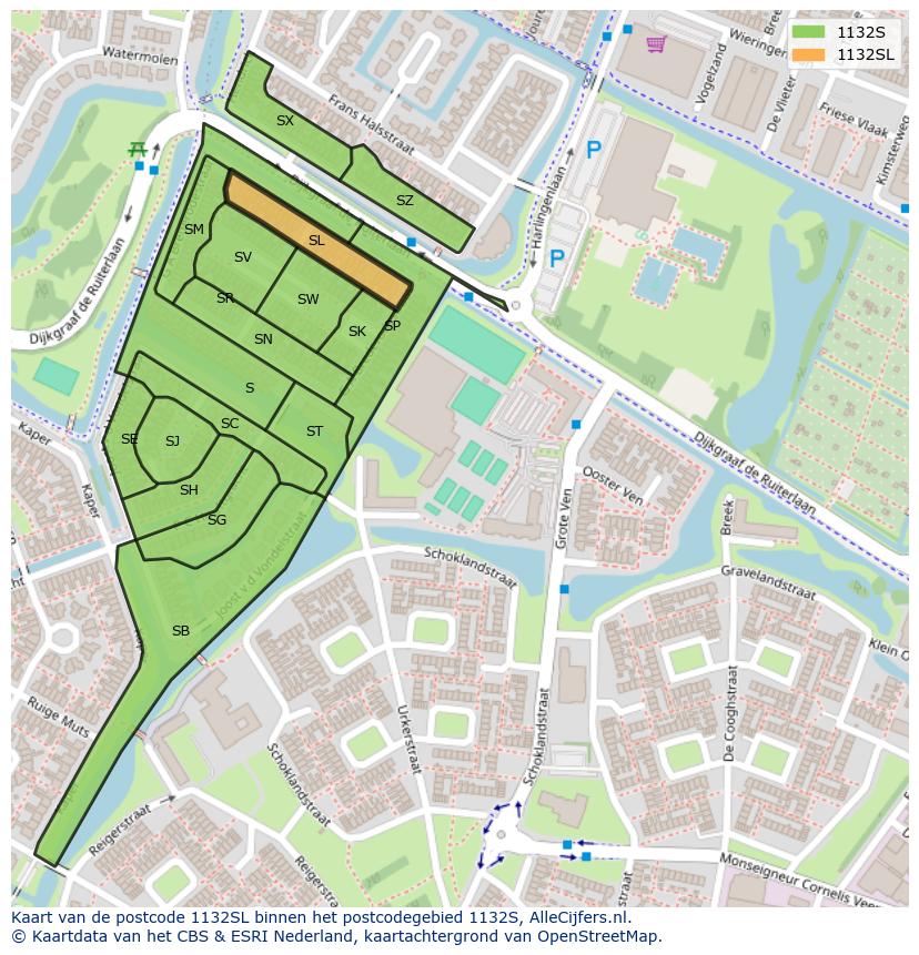 Afbeelding van het postcodegebied 1132 SL op de kaart.