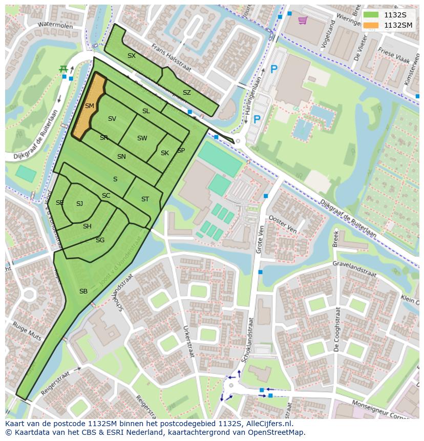 Afbeelding van het postcodegebied 1132 SM op de kaart.