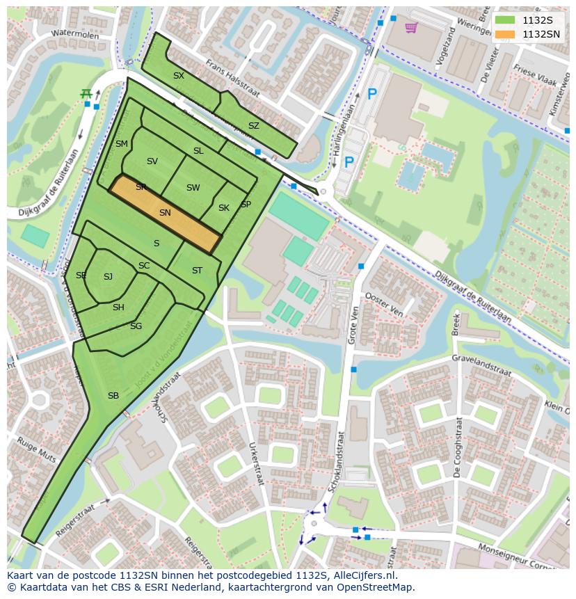 Afbeelding van het postcodegebied 1132 SN op de kaart.