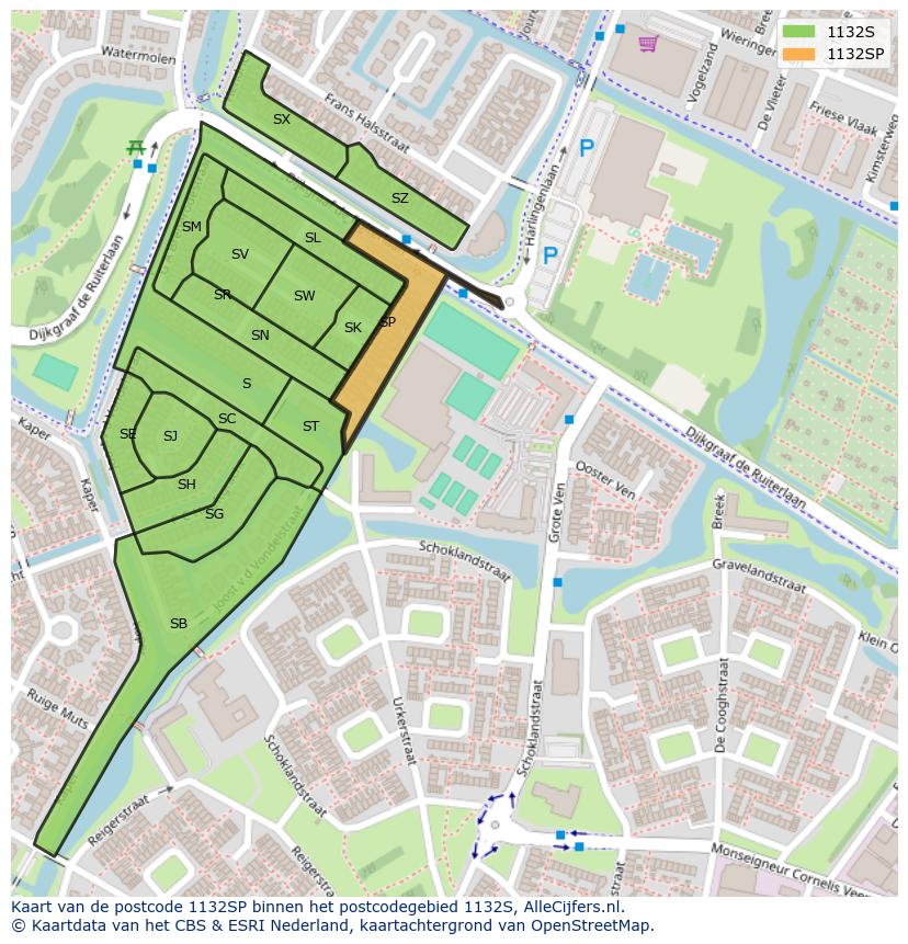 Afbeelding van het postcodegebied 1132 SP op de kaart.