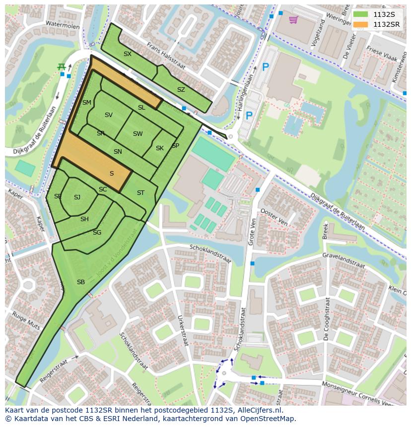 Afbeelding van het postcodegebied 1132 SR op de kaart.