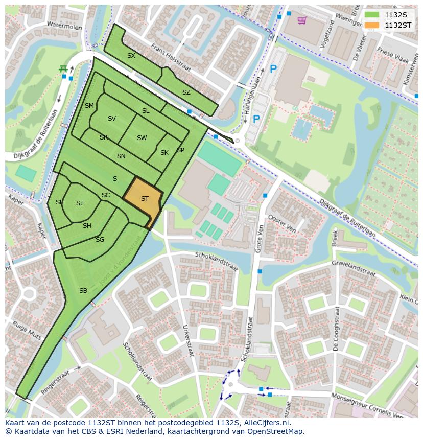 Afbeelding van het postcodegebied 1132 ST op de kaart.