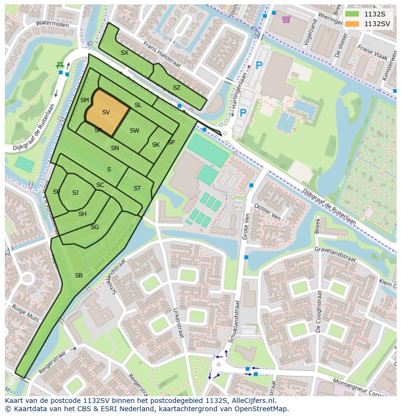 Afbeelding van het postcodegebied 1132 SV op de kaart.
