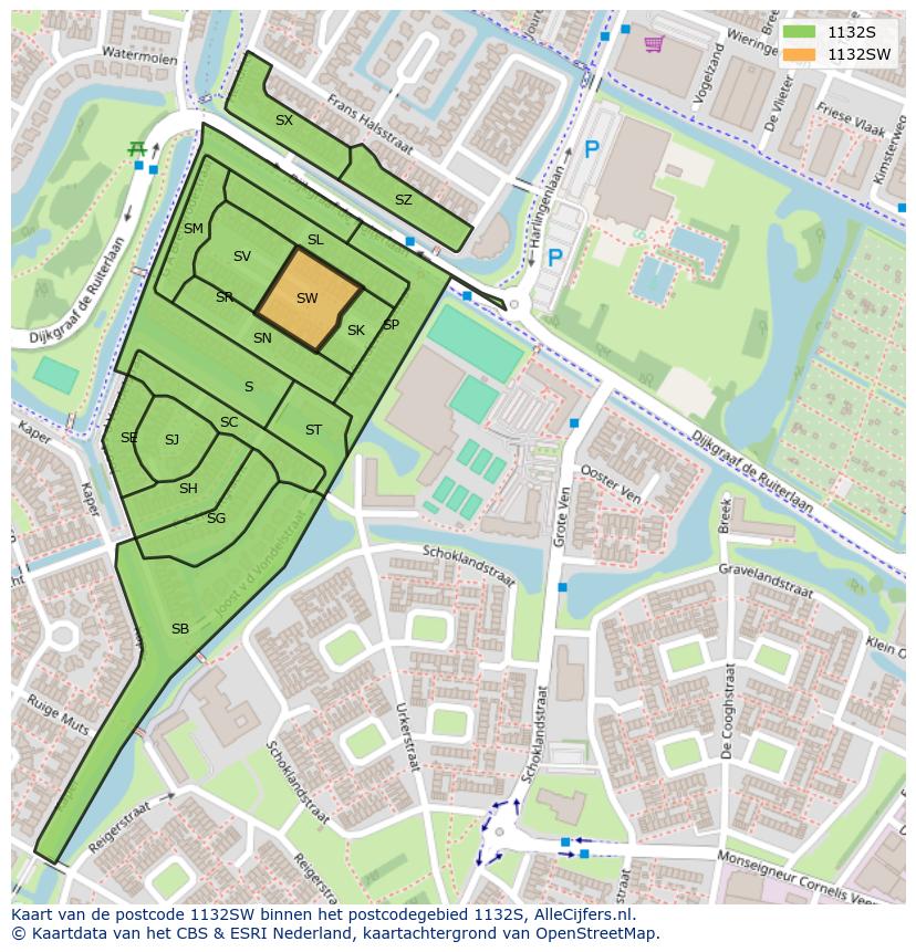 Afbeelding van het postcodegebied 1132 SW op de kaart.