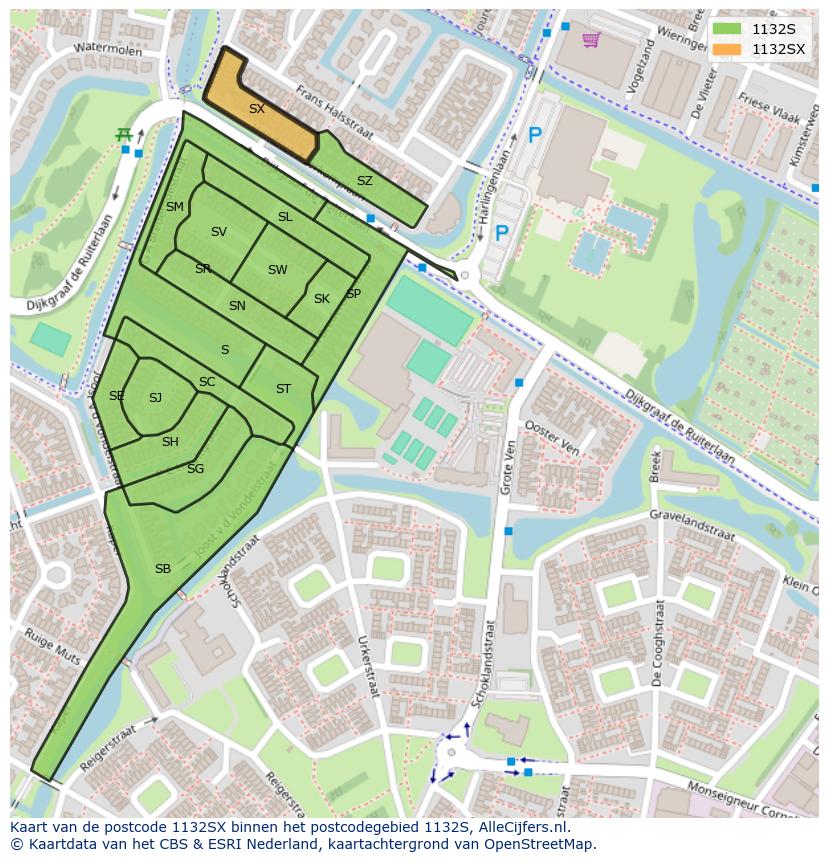 Afbeelding van het postcodegebied 1132 SX op de kaart.