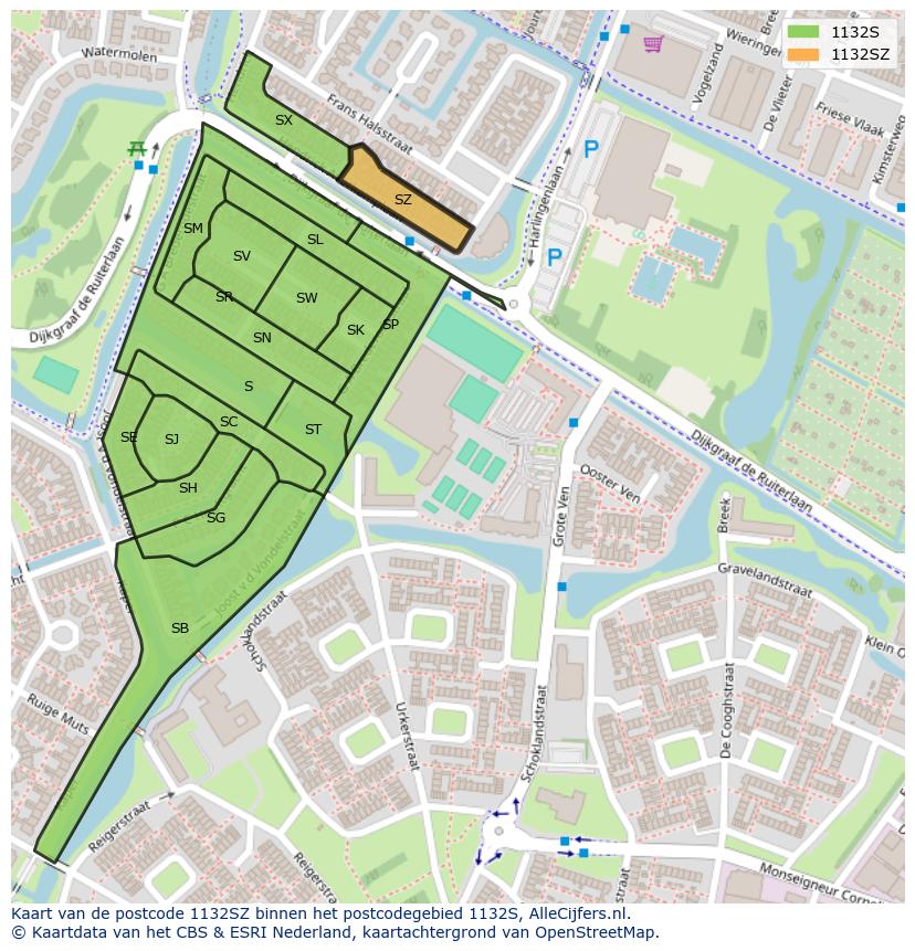 Afbeelding van het postcodegebied 1132 SZ op de kaart.