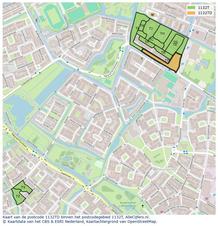 Afbeelding van het postcodegebied 1132 TD op de kaart.