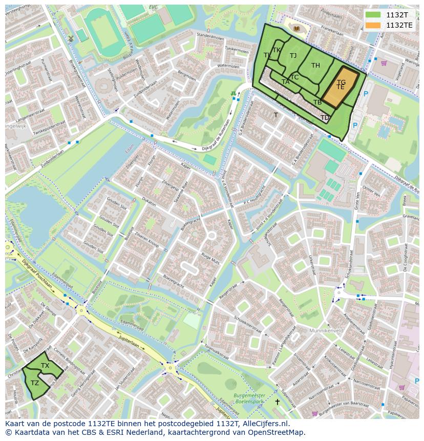 Afbeelding van het postcodegebied 1132 TE op de kaart.