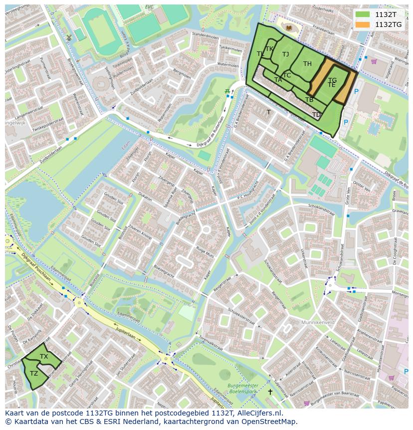 Afbeelding van het postcodegebied 1132 TG op de kaart.