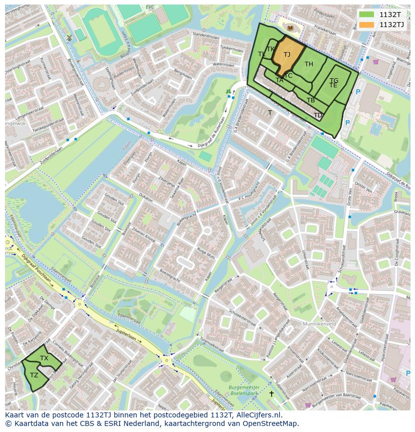 Afbeelding van het postcodegebied 1132 TJ op de kaart.