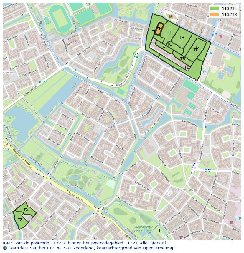 Afbeelding van het postcodegebied 1132 TK op de kaart.