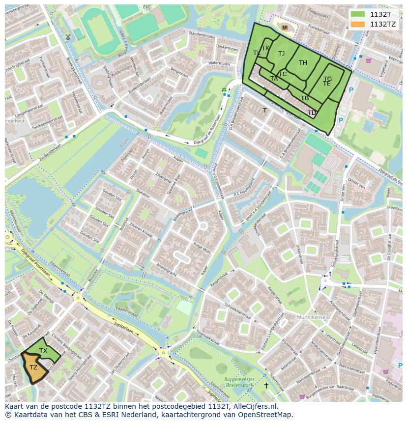Afbeelding van het postcodegebied 1132 TZ op de kaart.