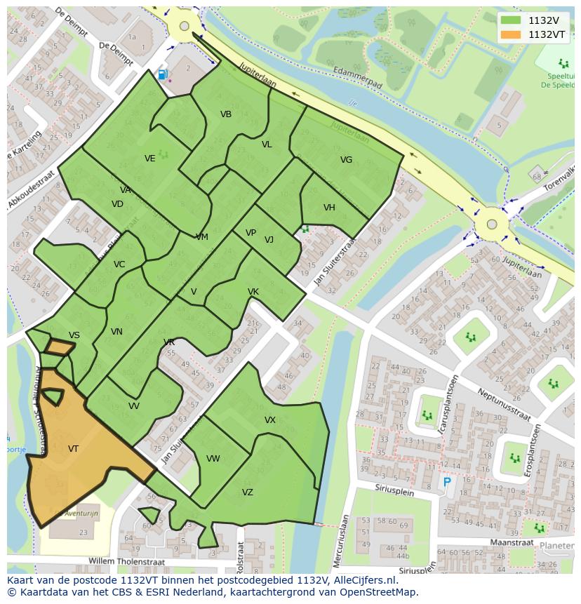 Afbeelding van het postcodegebied 1132 VT op de kaart.