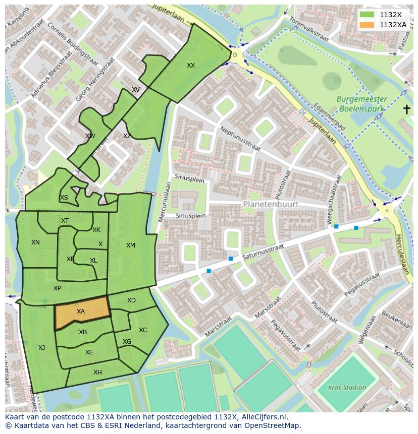 Afbeelding van het postcodegebied 1132 XA op de kaart.