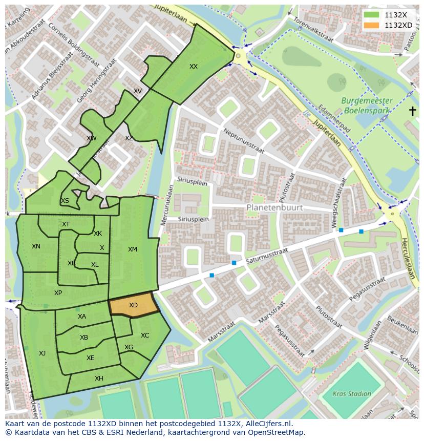 Afbeelding van het postcodegebied 1132 XD op de kaart.