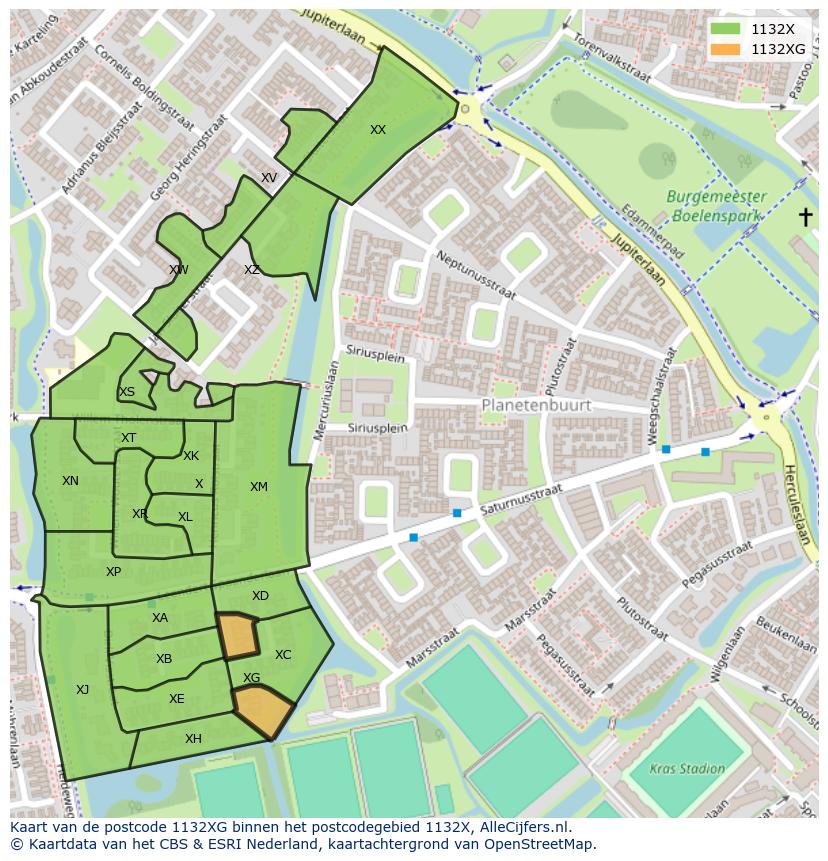 Afbeelding van het postcodegebied 1132 XG op de kaart.