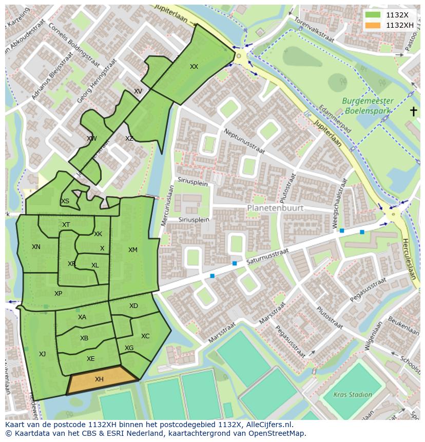 Afbeelding van het postcodegebied 1132 XH op de kaart.