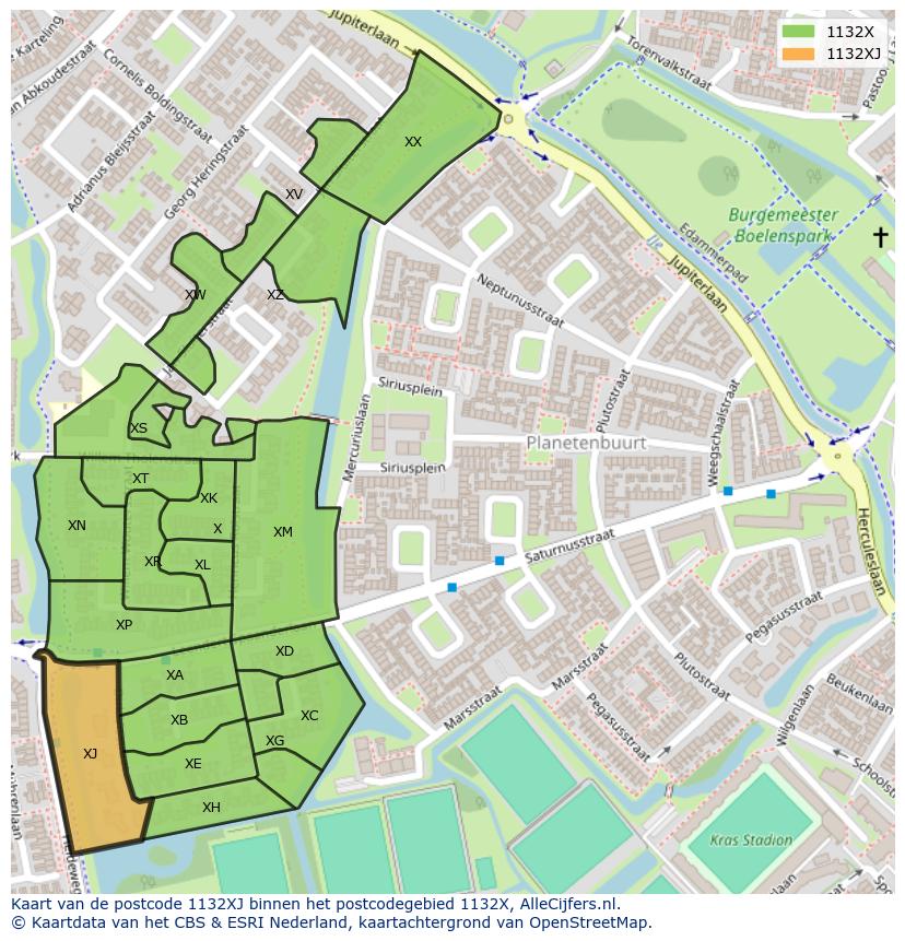Afbeelding van het postcodegebied 1132 XJ op de kaart.