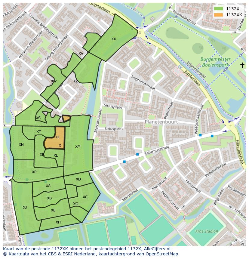 Afbeelding van het postcodegebied 1132 XK op de kaart.