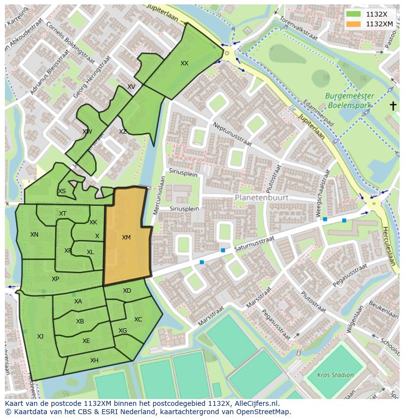 Afbeelding van het postcodegebied 1132 XM op de kaart.