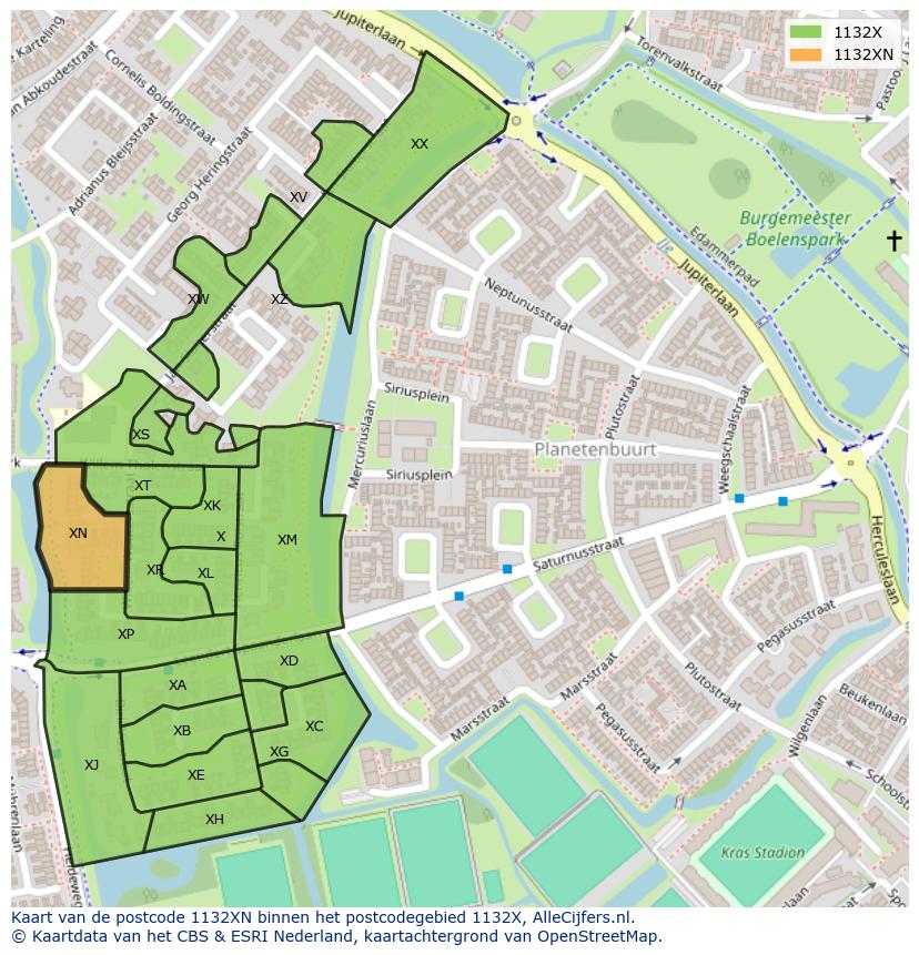 Afbeelding van het postcodegebied 1132 XN op de kaart.