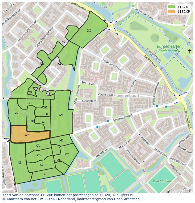Afbeelding van het postcodegebied 1132 XP op de kaart.