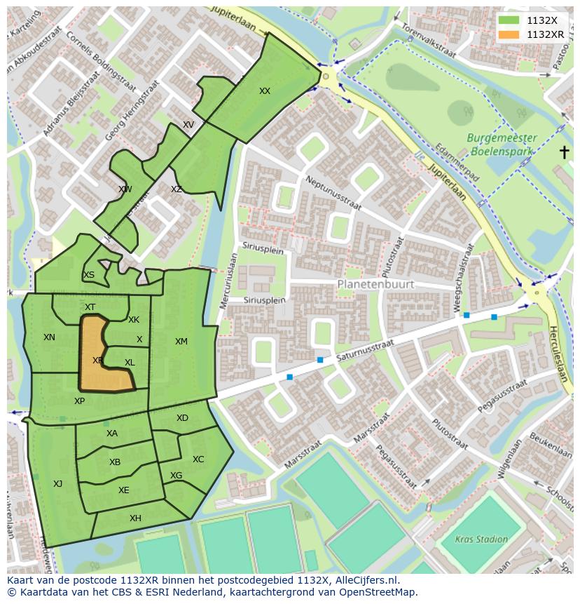 Afbeelding van het postcodegebied 1132 XR op de kaart.