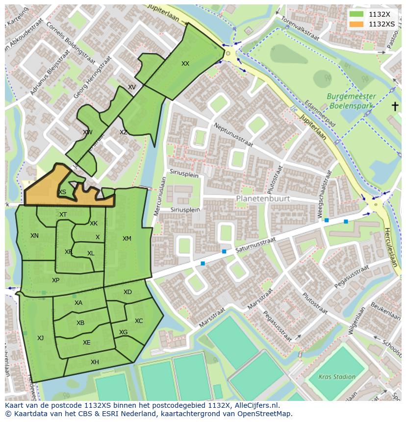 Afbeelding van het postcodegebied 1132 XS op de kaart.