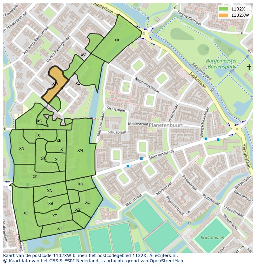 Afbeelding van het postcodegebied 1132 XW op de kaart.
