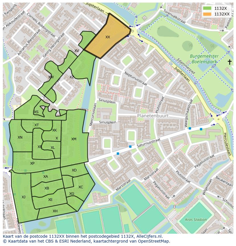 Afbeelding van het postcodegebied 1132 XX op de kaart.