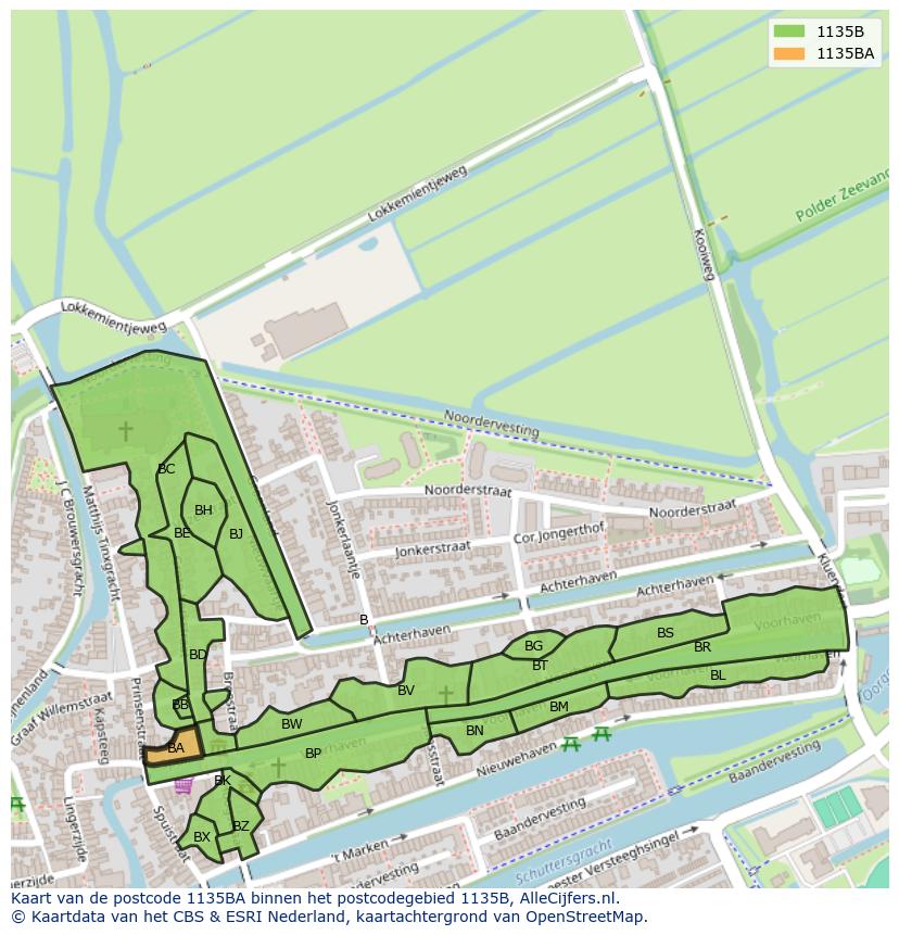 Afbeelding van het postcodegebied 1135 BA op de kaart.