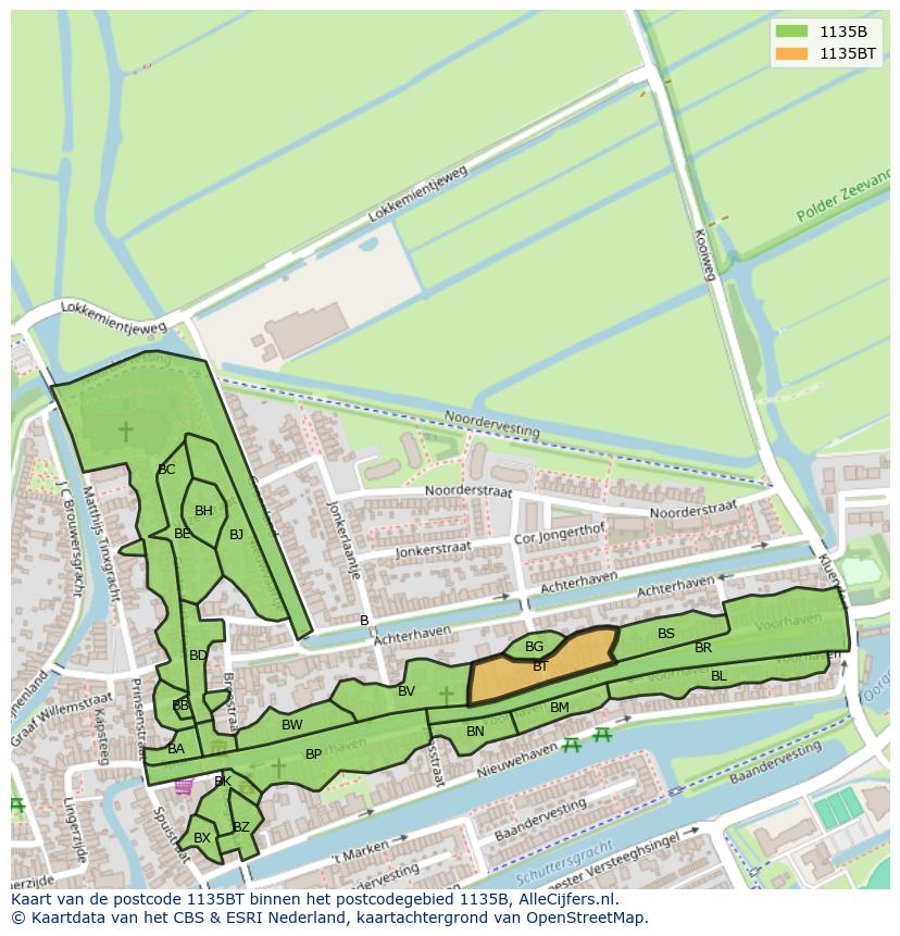 Afbeelding van het postcodegebied 1135 BT op de kaart.