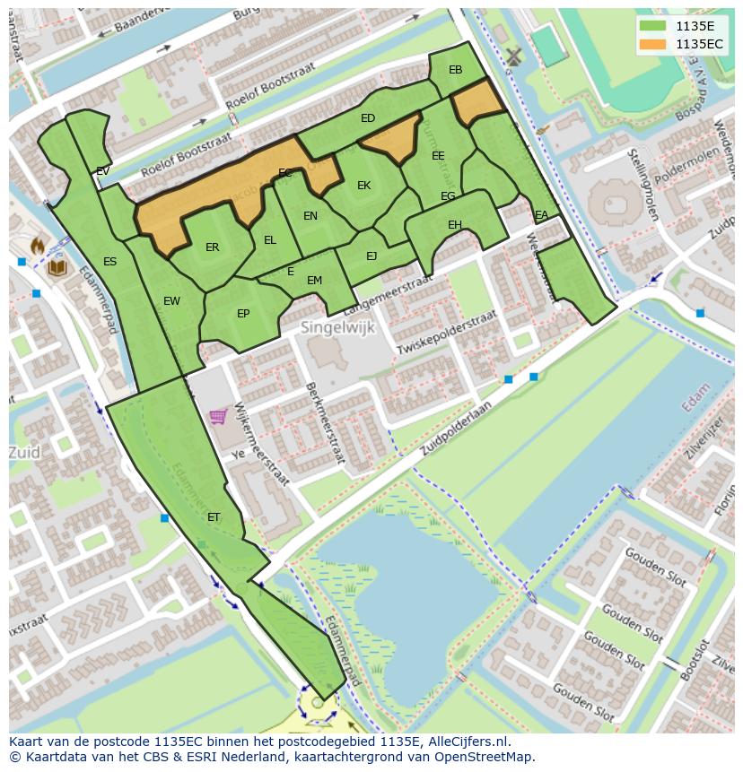 Afbeelding van het postcodegebied 1135 EC op de kaart.