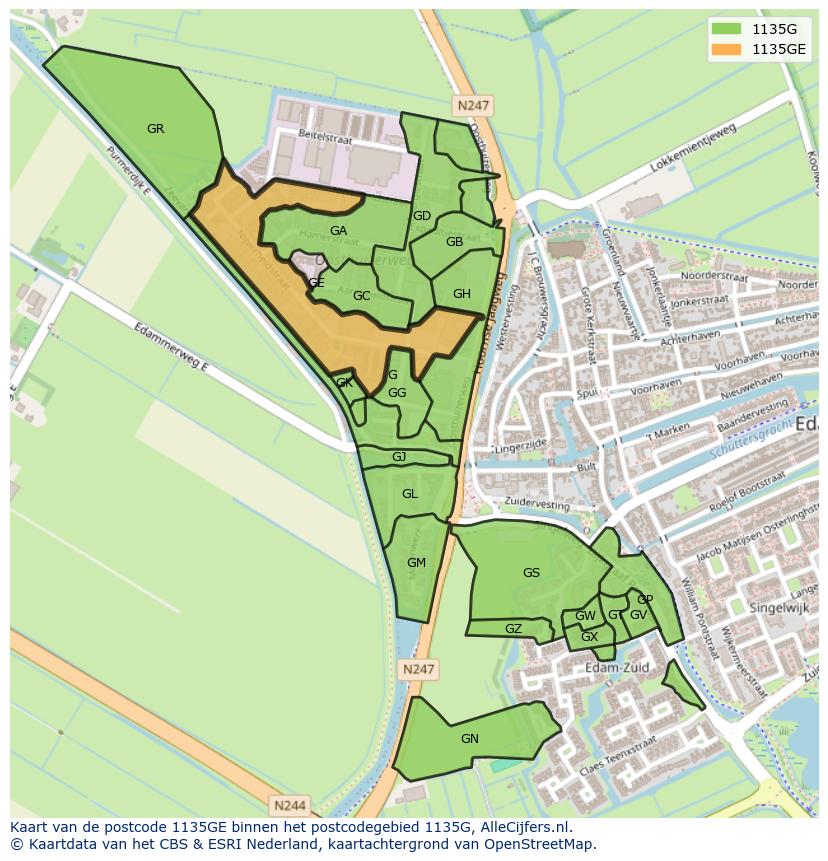 Afbeelding van het postcodegebied 1135 GE op de kaart.