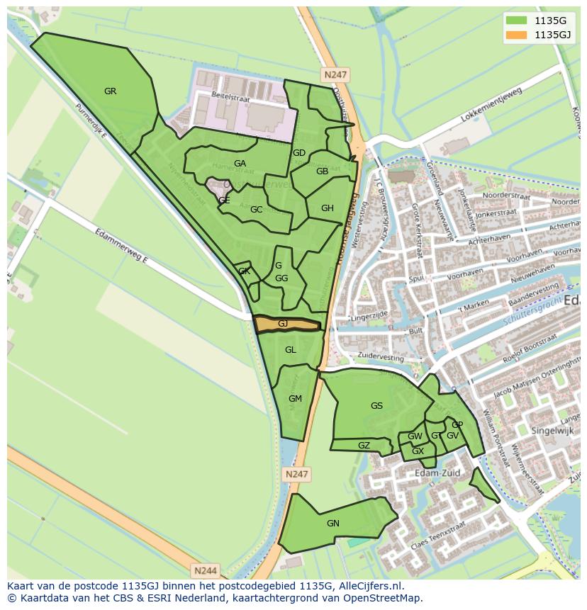 Afbeelding van het postcodegebied 1135 GJ op de kaart.