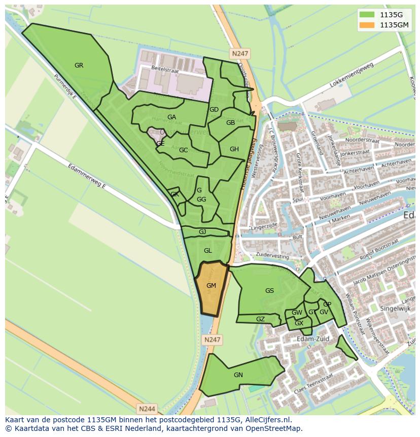 Afbeelding van het postcodegebied 1135 GM op de kaart.
